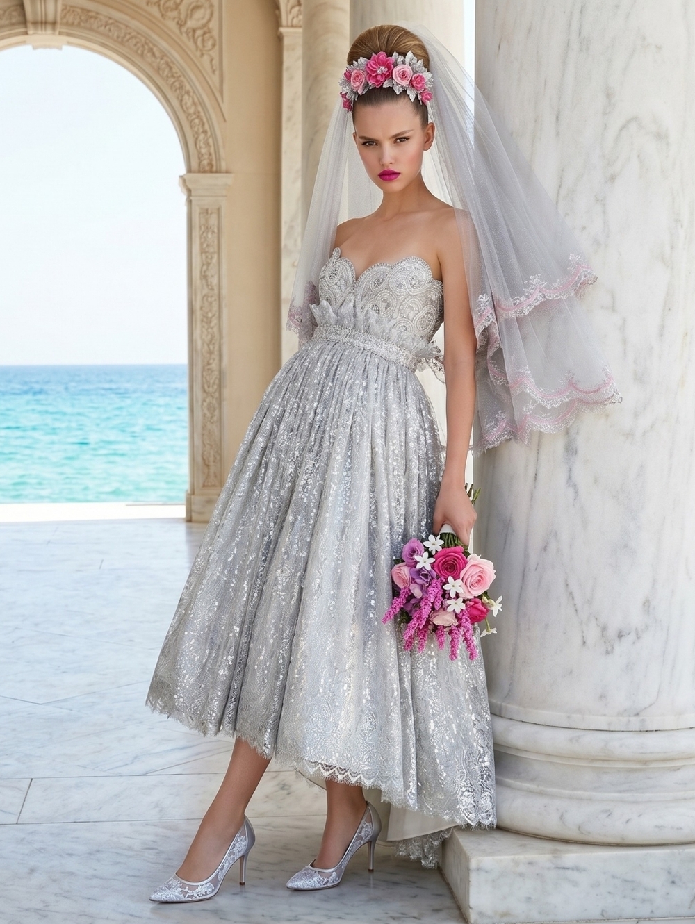 Marchesa Sparkling Strapless Lace Silver Wedding Dress, Sweatheart Neck, EUC, 6